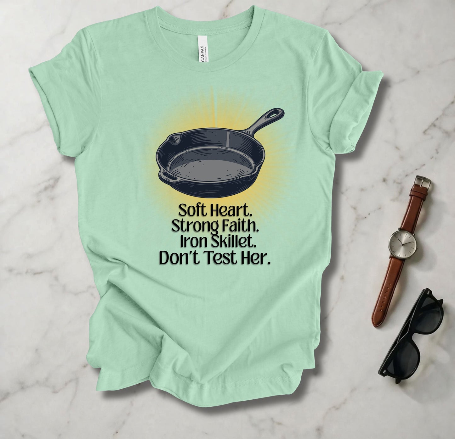 Soft Heart, Strong Faith, Iron Skillet T Shirt