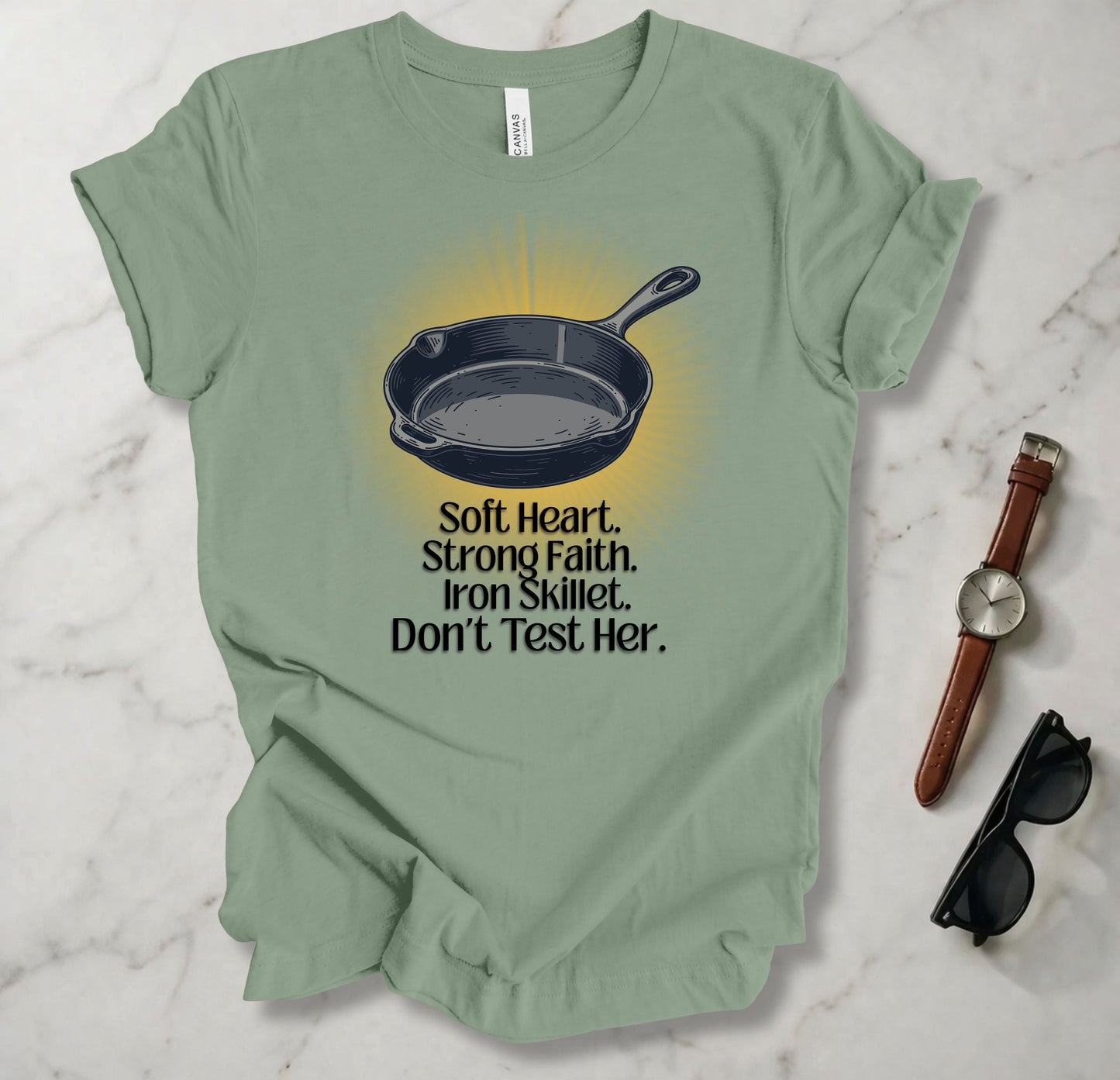 Soft Heart, Strong Faith, Iron Skillet T Shirt