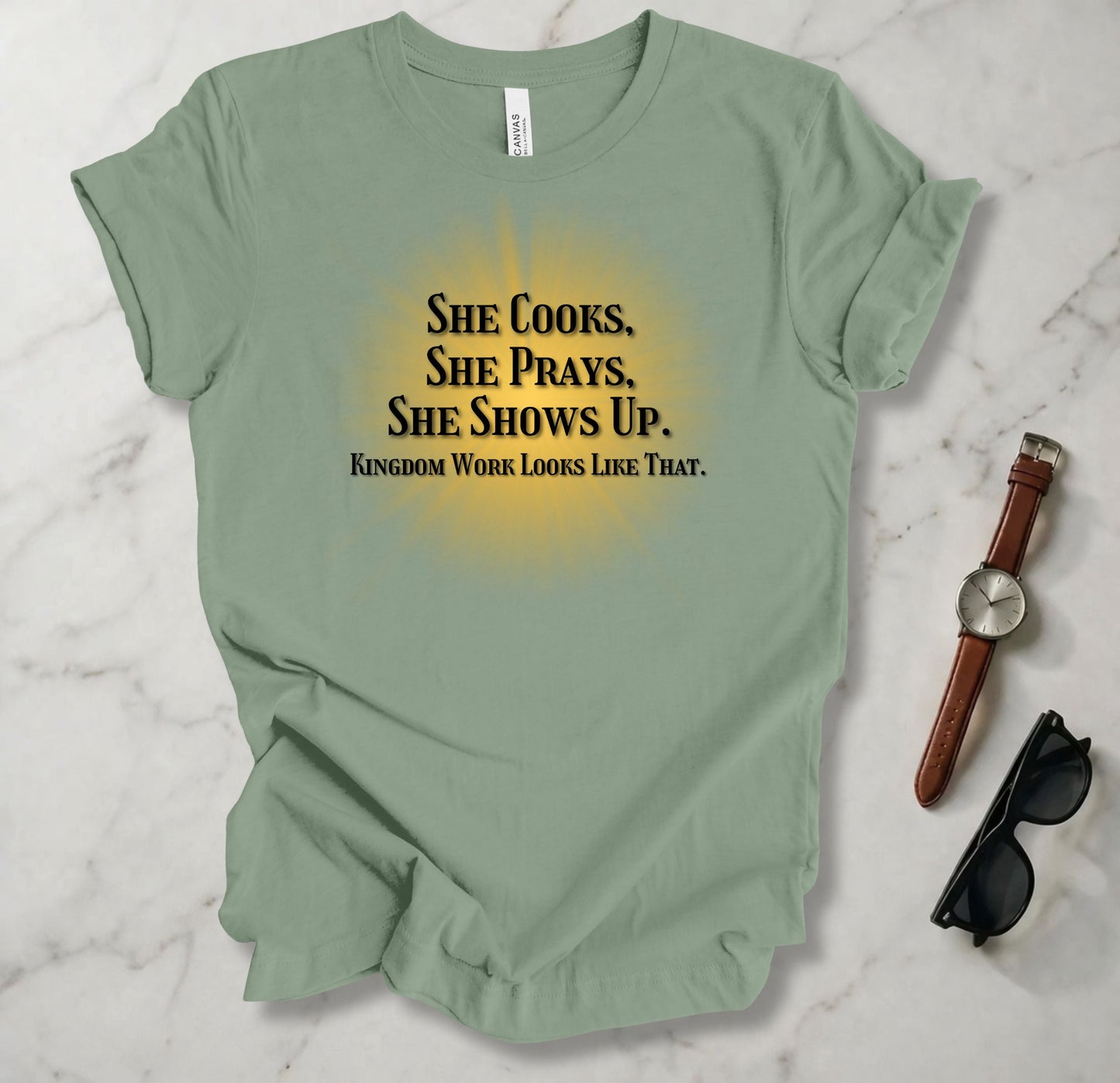 She Cooks She Prays She Shows Up T Shirt