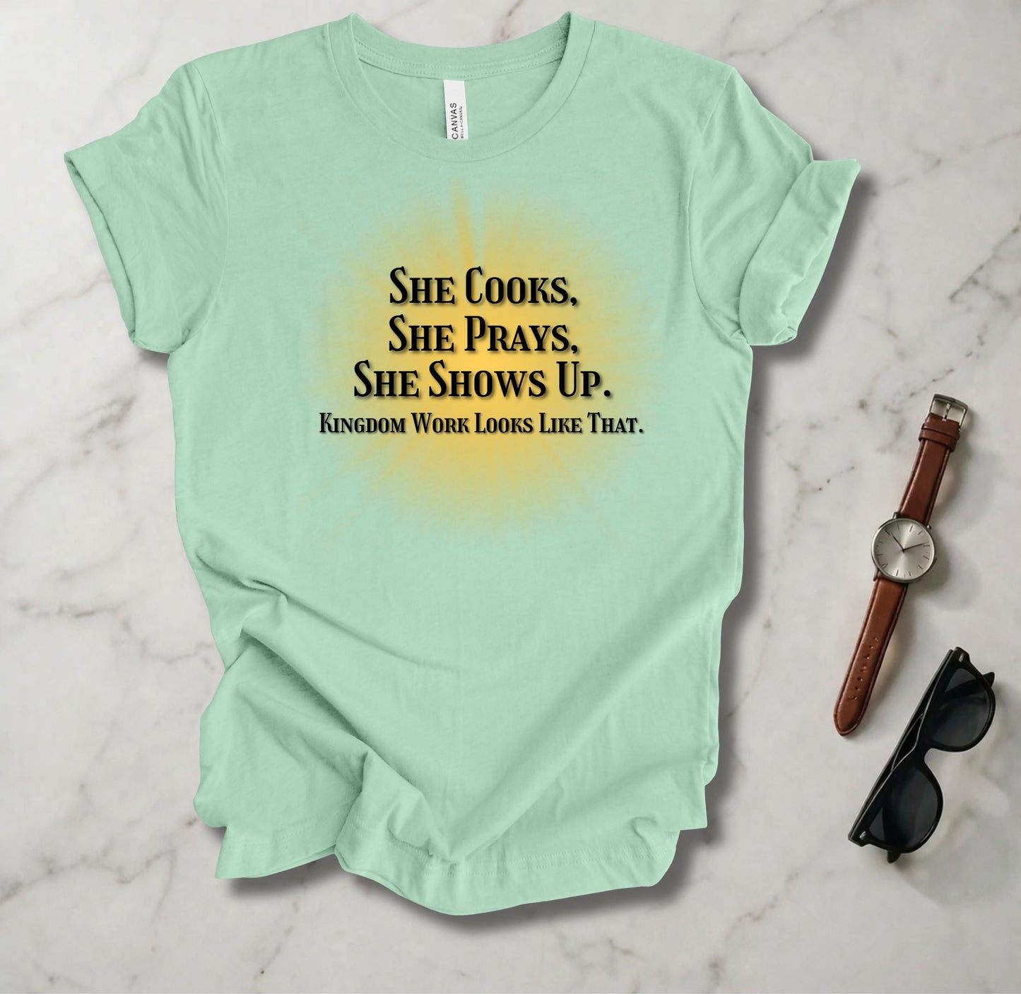 She Cooks She Prays She Shows Up T Shirt