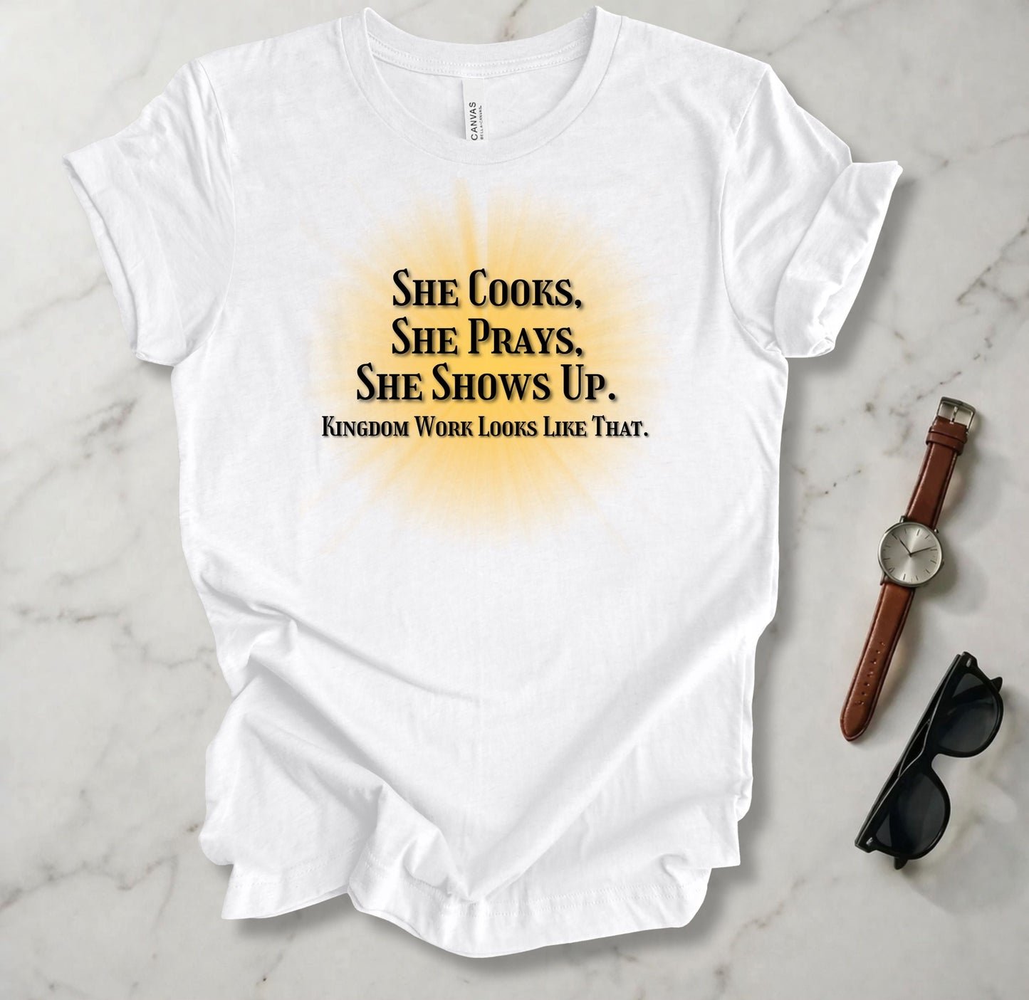 She Cooks She Prays She Shows Up T Shirt